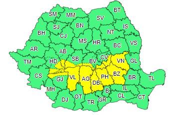 Cod galben de ploi în nordul Munteniei şi sud-vestul Moldovei şi de ninsori abundente şi viscol, în zonele înalte ale Carpaţilor Meridionali şi de Curbură