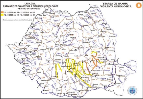 Cod portocaliu de inundaţii pe râuri din judeţele Prahova, Buzău şi Vrancea / Cod galben pe râuri din alte zece judeţe