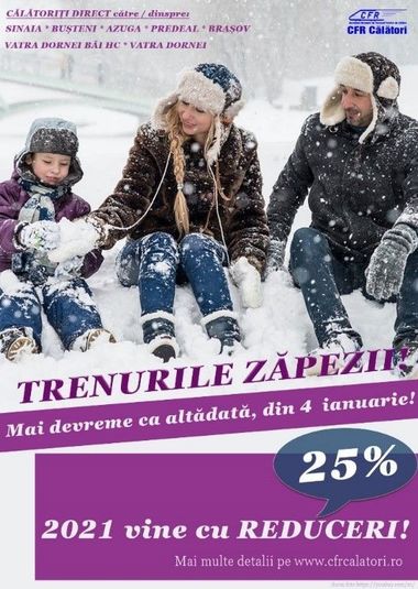 CFR Călători lansează ”Trenurile Zăpezii 2021”, din 4 ianuarie până pe 28 februarie 2021. Călătorii au o reducere de 25% la trenurile spre şi dinspre staţiunile montane 