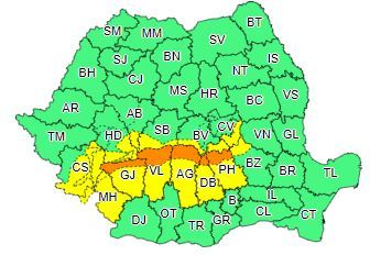 Cod galben de ploi abundente şi intensificări ale vântului, în vestul şi nordul Olteniei, nordul Munteniei şi sudul Banatului/ Cod portocaliu de ninsori şi viscol, în zonele înalte din Carpaţii Meridionali