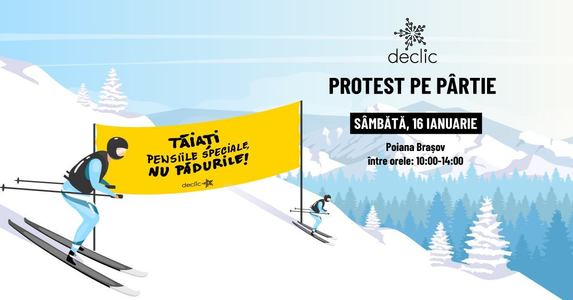 Protest pe schiuri faţă de tăierea pădurilor, organizat de Comunitatea Declic în Poiana Braşov