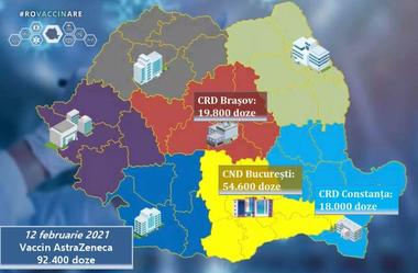 A doua tranşă de vaccin AstraZeneca, care constă în 92.400 de doze, soseşte astăzi în România/ Dozele vor fi distribuite în regiunile Braşov şi Constanţa şi la centrele din Bucureşti 