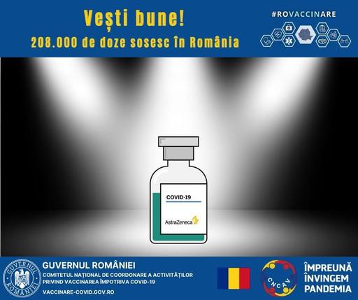 Comitetul de coordonare a vaccinării anunţă că alte 208.000 doze de vaccin AstraZeneca sosesc în ţară