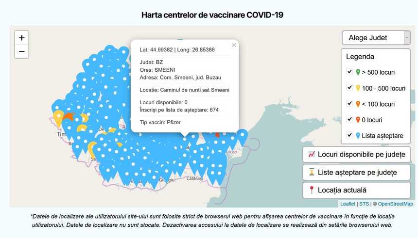 Tipul de vaccin folosit în fiecare centru de vaccinare, numărul de locuri libere şi numărul de persoane aflate pe lista de aşteptare, disponibile în platforma de programare 