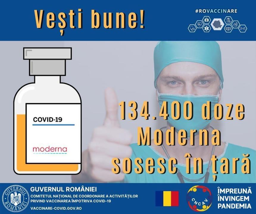 Comitetul de coordonare a vaccinării: O nouă tranşă de vaccin Moderna, respectiv 134.400 doze, soseşte joi în ţară