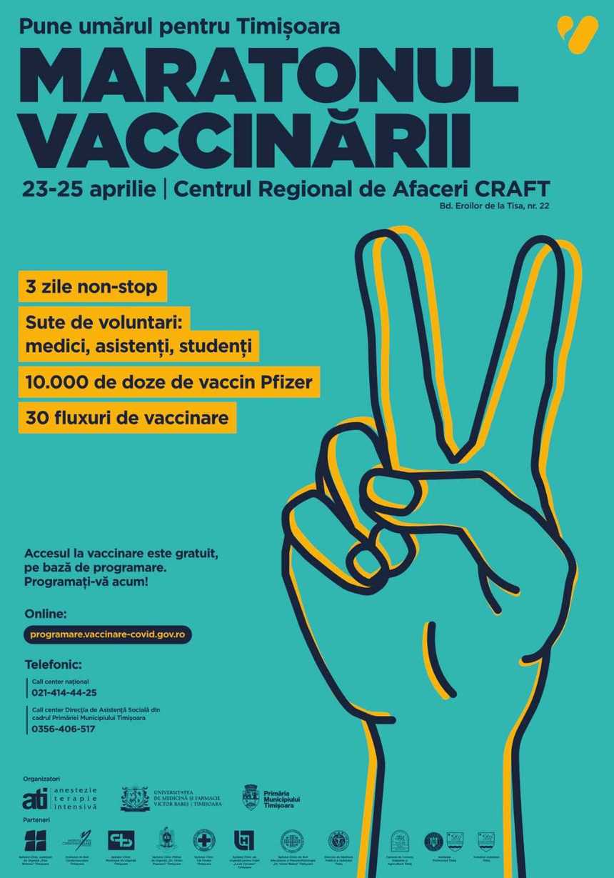 Maraton al vaccinării împotriva COVID-19, timp de trei zile, la Timişoara. Vor fi disponibile 10.000 de doze de vaccin Pfizer