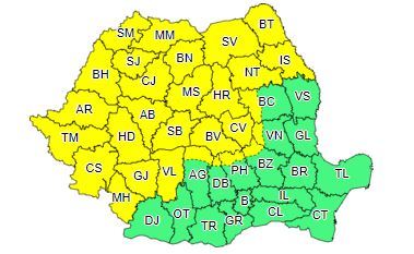 Ploi torenţiale, descărcări electrice, vânt şi grindină, începând de marţi după-amiază/ Cod galben de vijelii în Banat, Crişana, Maramureş, Transilvania, nordul Moldovei, vestul şi nordul Olteniei