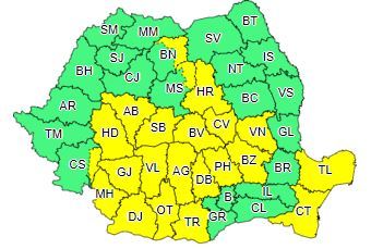 Cod galben de ploi torenţiale, descărcări electrice, vijelii şi grindină, miercuri, în Oltenia, vestul şi nordul Munteniei, Dobrogea, local în Transilvania şi în zona Carpaţilor Meridionali şi de Curbură 
