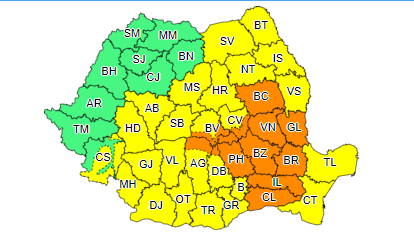 Cod galben şi cod portocaliu de ploi însemnate cantitativ şi instabilitate atmosferică, până sâmbătă seară / Sunt vizate 32 de judeţe şi municipiul Bucureşti

