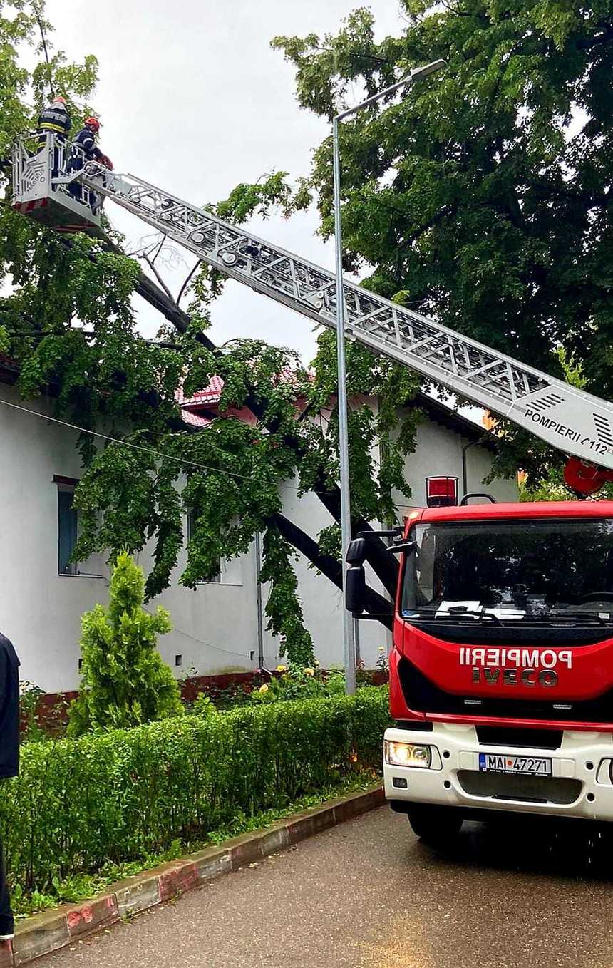 Un copac a căzut peste o clădire a Spitalului Judeţean de Urgenţă Giurgiu, pompierii intervenind pentru a-l îndepărta - FOTO, VIDEO