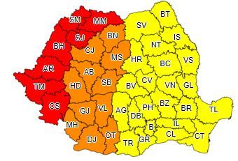 Cod galben de furtuni, până joi seara, la munte, în Dobrogea, Moldova şi Muntenia/ Se păstrează însă avertizarea de caniculă, în toată ţara/ În Oltenia şi cea mai mare parte a Transilvaniei este Cod portocaliu, iar Codul roşu rămâne în vest şi nord-vest