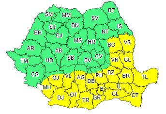 UPDATE - Cod galben de caniculă în Capitală şi în Oltenia, Muntenia, Dobrogea şi sudul Moldovei/ În Transilvania, Maramureş, nordul Moldovei, Banat, Oltenia, nord-vestul Munteniei şi la munte este Cod portocaliu de furtuni şi ploi abundente