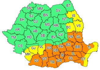 Cod galben de caniculă, în 8 judeţe din sud şi est, şi Cod portocaliu pentru disconfort termic accentuat, în Muntenia, Oltenia, Dobrogea şi sudul Moldovei/ Coduri galben şi portocaliu de furtuni, în Transilvania, nordul Munteniei şi al Dobrogei şi Moldova