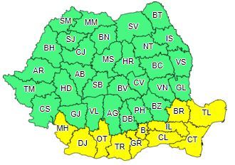 Cod galben privind disconfort termic accentuat, pentru următoarele trei zile, în Bucureşti şi în 10 judeţe din sudul şi sud-estul ţării/ În alte judeţe, din Moldova, nordul Munteniei şi al Dobrogei, Transilvania şi la munte, este Cod galben de furtuni