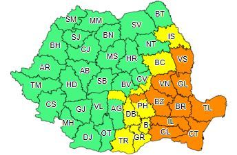 Cod galben de ploi torenţiale, vânt şi grindină, în Capitală şi în 9 judeţe din Muntenia, Moldova şi din zona montană; în alte 10 judeţe este Cod portocaliu de furtuni/ De vineri seară, Codul portocaliu va viza doar Tulcea şi Constanţa