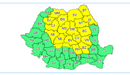 Cod galben de instabilitate atmosferică accentuată până la ora 23.00, în Transilvania, cea mai mare parte a Moldovei şi local în Maramureş, nordul Munteniei şi în zonele de munte / În sud şi sud-vest este caniculă