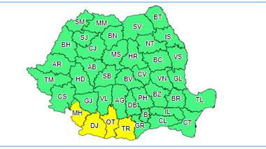 Caniculă şi disconfort termic, în sudul Olteniei şi în sud-vestul Munteniei / Instabilitate armosferică în Carpaţii Meridionali şi de Curbură, precum şi în nordul Munteniei