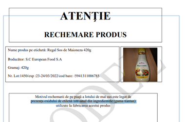 Lot de sos de maioneză retras din magazine din cauza prezenţei oxidului de etilenă într-unul dintre ingrediente