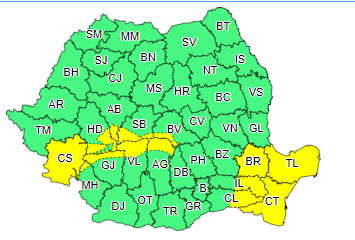 Cod galben de vânt puternic în sudul Banatului, în Carpaţii Meridionali, în Dobrogea şi în estul Munteniei / În zonele joase, vântul va ajunge la 55 – 65 de kilometri la oră, iar pe creste se poate ajunge la 100 de kilometri la oră 

 