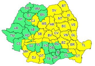 Cod galben de vânt puternic, până marţi seară, în 30 de judeţe din estul, centrul, sudul şi sud-estul ţării, precum şi în zonele de munte/ La altitudini mari din Carpaţii Meridionali şi de Curbură va fi viscol