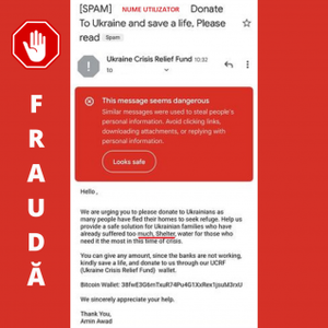 ALERTĂ a Directoratului Naţional de Securitate Cibernetică: Tentativă de fraudă cu donaţii false pentru cauza Ucrainei propagată prin e-mail