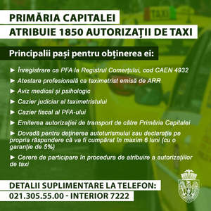 Nicuşor Dan: Începem atribuirea a 1.850 autorizaţii de taxi. Dintre acestea, 100 sunt rezervate pentru autovehicule care pot transporta persoane cu dizabilităţi motorii