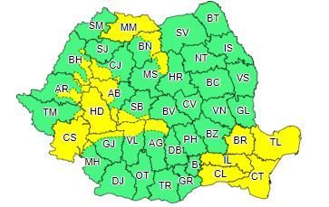 Ploi şi intensificări ale vântului, în cea mai mare parte a ţării, până sâmbătă seară/ Cod galben privind cantităţi însemnate de apă şi vânt puternic, în 20 de judeţe