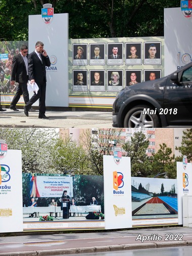 Fotografiile din Primul Război Mondial şi cele cu eroii căzuţi la datorie amplasate pe Calea Eroilor din Buzău, înlocuite cu imagini ale "realizărilor" municipalităţii conduse de Constantin Toma, spre nemulţumirea localnicilor - FOTO