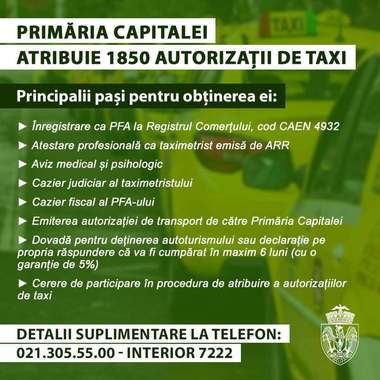 Nicuşor Dan: Termenul limită de depunere a cererilor pentru autorizaţiile de taxi este 17 mai. PMB va atribui, pentru prima dată în ultimii 10 ani, 1.850 de autorizaţii de taxi