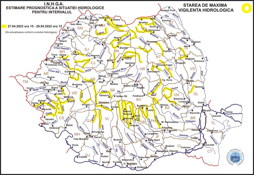 Cod galben hidrologic pentru râuri din 28 de judeţe/ Probabilitatea mai mare de inundaţii şi creşteri de debite în judeţele Sibiu, Braşov, Covasna, Vâlcea, Argeş, Vrancea şi Bacău