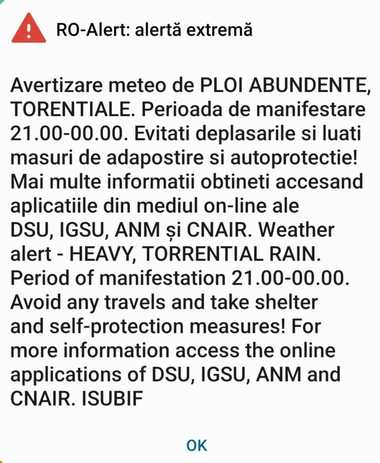 Mesaj Ro-Alert privind „alertă extremă” emis sâmbătă seară către locuitorii Capitalei. Oamenii sunt sfătuiţi să se adăpostească