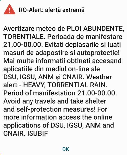 Mesaj Ro-Alert privind „alertă extremă” emis sâmbătă seară către locuitorii Capitalei. Oamenii sunt sfătuiţi să se adăpostească