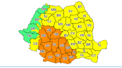 Meteorologii actualizează avertizările de vreme rea. Vijelii şi ploi abundente de duminică la ora 14:00 pentru Oltenia, vestul şi nord-vestul Munteniei, sud-vestul Transilvaniei şi local în Carpaţii Meridionali
