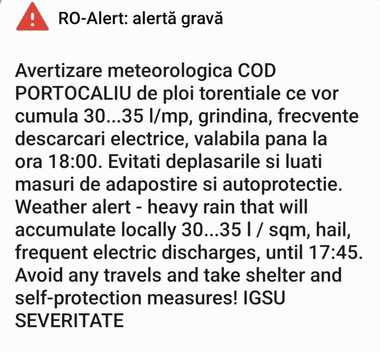 UPDATE - Avertizări nowcasting de fenomene periculoase, în mai multe judeţe/ Cod roşu în Capitală, fiind emis mesaj RO-Alert/ 22 de intervenţii în Bucureşti/ N. Dan: Am luat legătura cu reprezentanţii instituţiilor, m-au asigurat ca situaţia e sub control-VIDEO