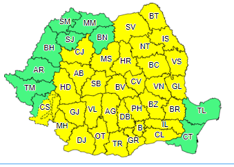 UPDATE - Cod galben de instabilitate atmosferică în Bucureşti şi 31 de judeţe, până duminică seară / Cantitatea de precipitaţii poate ajunge la 50 de litri pe metru pătrat / Cod galben de inundaţii