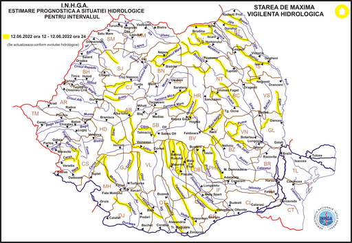 Cod galben de inundaţii în mai multe bazine hidrografice din ţară / Posibile depăşiri ale cotelor de atenţie 