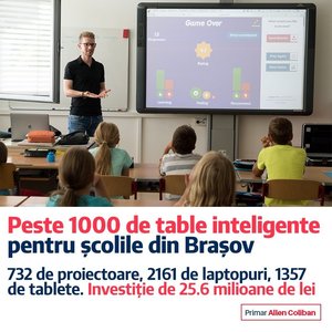 Investiţie de peste 26 de milioane de lei pentru achiziţionarea de table interactive, proiectoare, camere web, laptopuri şi tablete pentru şcolile din Braşov