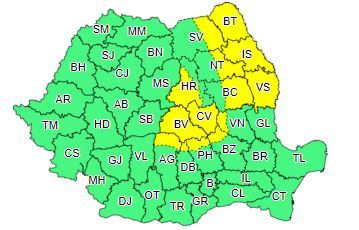 Cod galben de vânt, în 14 judeţe din Moldova, sud-estul Transilvaniei şi zona Carpaţilor de Curbură şi a Carpaţilor Meridionali, până miercuri seară