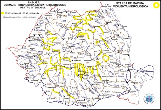Atenţionare Cod galben hidrologic vizând bazinele hidrografice a 21 de râuri, în contextul ploilor anunţate de meteorologi pentru orele următoare