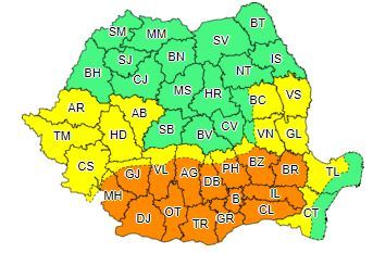 ANM: Coduri galben şi portocaliu de caniculă, în sud, sud-est, vest, centru şi est/ Cod galben de furtuni în centru, est, sud, sud-vest şi la munte, respectiv portocaliu în sudul Moldovei, nordul şi estul Munteniei, nordul Dobrogei şi al Olteniei