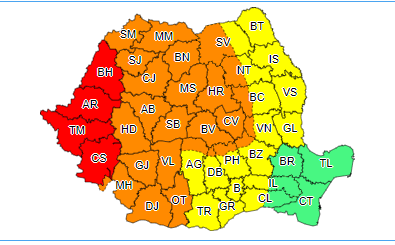 Cod roşu de intensificări puternice ale vântului şi instabilitate atmosferică deosebit de accentuată, în judeţele judeţele Caraş-Severin, Timiş, Arad şi Bihor / Vânt de 100 de kilometri la oră / Cod galben sau portocaliu în majoritatea judeţelor