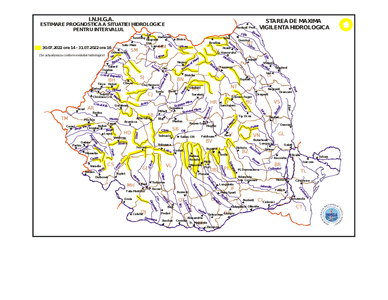Cod galben hidrologic pentru râuri din mai multe judeţe. Sunt posibile viituri rapide care să producă inundaţii, mai ales pe unele râuri mici din Maramureş, Bistriţa-Năsăud, Bihor, Arad, Timiş şi Caraş Severin