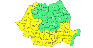 ANM a emis alerte meteo de coduri galben şi portocaliu pentru mai multe zone din ţară