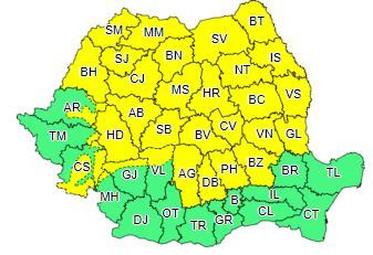 Cod galben de ploi torenţiale, cu descărcări electrice şi vânt puternic, până marţi seară, în Transilvania, Maramureş, Moldova, local în Muntenia şi Crişana, precum şi la munte/ De miercuri, vremea va deveni caniculară în vestul şi sudul ţării