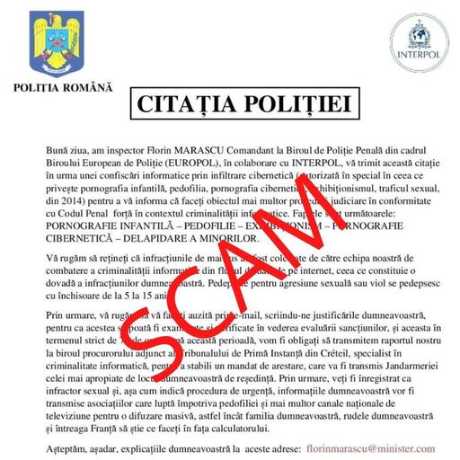 Avertisment al specialiştilor - Campanie de tip scam care se foloseşte de identitatea vizuală a Poliţiei şi a Interpol şi care se propagă prin intermediul e-mail-ului 