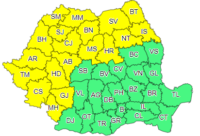 Cod galben de ploi torenţiale, descărcări electrice şi vânt, până sâmbătă seară, în Banat, Crişana, Maramureş, jumătatea de nord a Moldovei, nord-vestul Olteniei şi local în Transilvania
