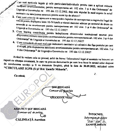 Sindicatul Europol: În Poliţia Română tocmai a fost declanşată o amplă acţiune de intimidare a poliţiştilor rutieri care aplică Avertisment. Este pentru prima dată când se admite, în scris, că poliţiştii sunt obligaţi să aplice amendă