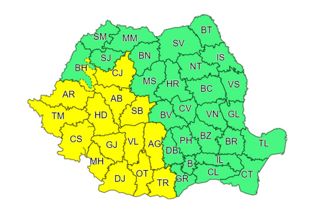 Cod galben de ploi însemnate cantitativ şi instabilitate atmosferică temporar accentuată, până miercuri dimineaţă 