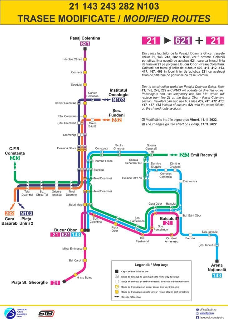 Primăria Capitalei: De vineri, linia 21 va fi deviată pe mare parte din Şoseaua Colentina. Traficul auto general va folosi linia de tramvai în zona Pasajului Doamna Ghica