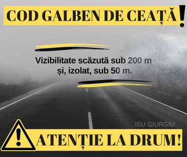 Trei atenţionări nowcasting de ceaţă, valabile duminică seară pentru 12 judeţe